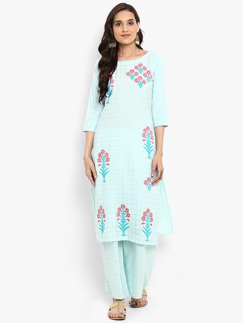 Turquoise crepe straight kurta - 15737036 - Standard Image - 1