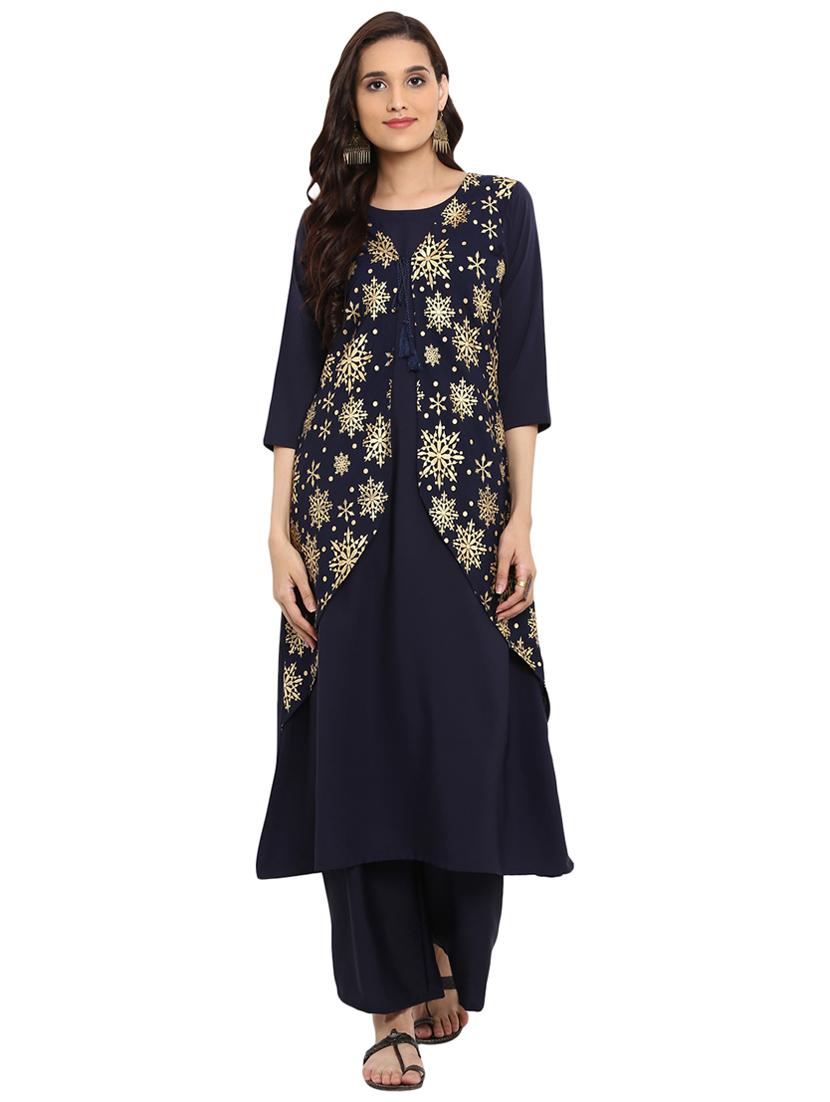 Foil printed layered kurta with palazzo set - 15737592 - Zoom Image - 1