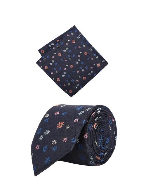 navy cotton tie with pocketsqaure - 15737832 - Standard Image - 1