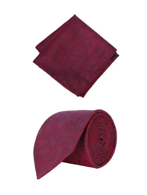 maroon cotton tie with pocketsqaure - 15737836 - Standard Image - 1