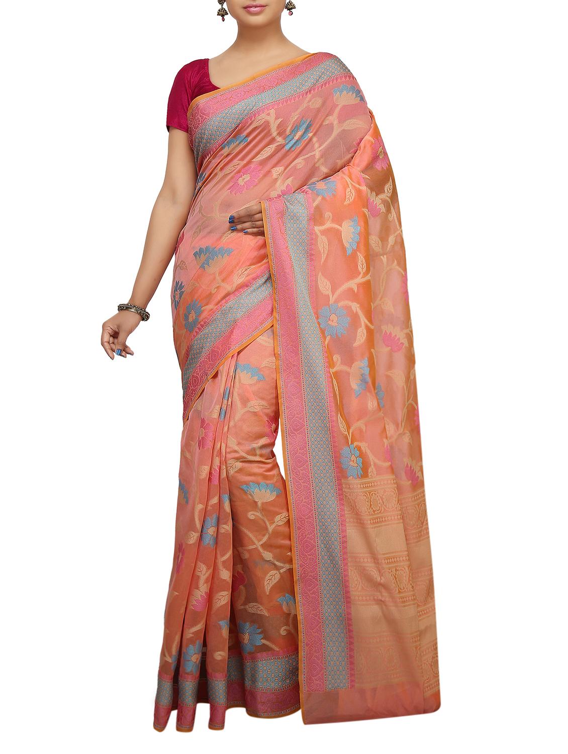 floral zari motif banarasi saree with blouse - 15737960 - Zoom Image - 1