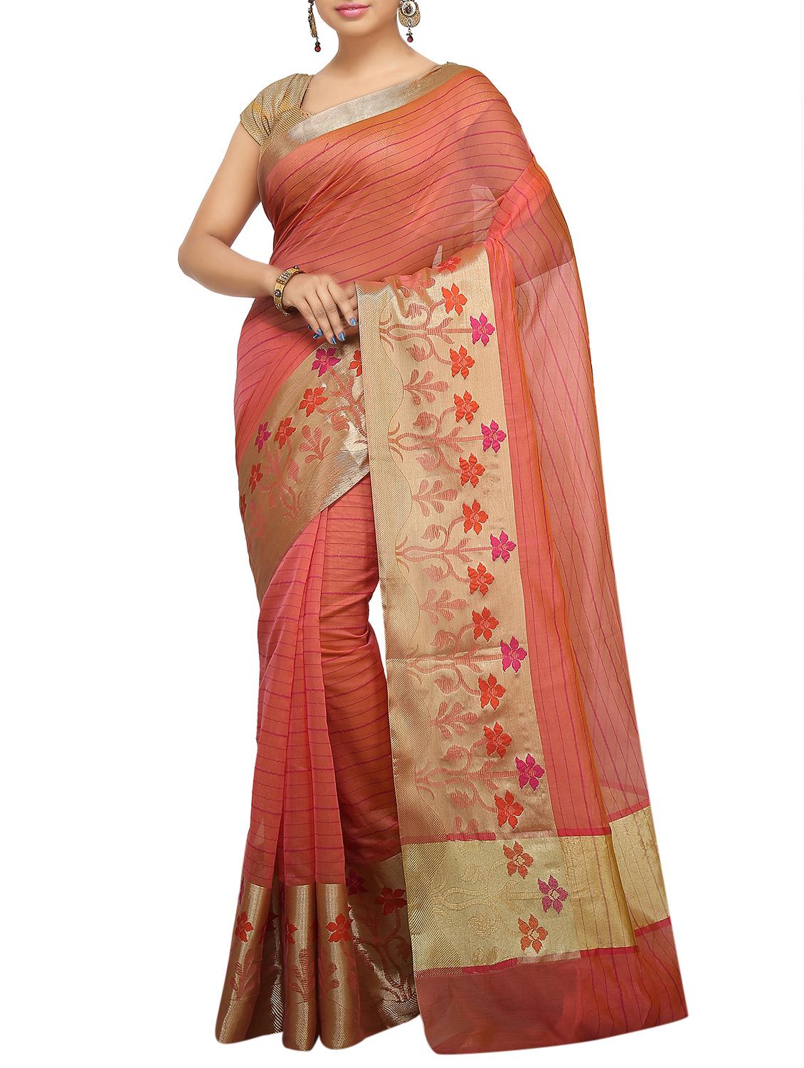 floral zari border banarasi saree with blouse - 15738021 - Zoom Image - 1