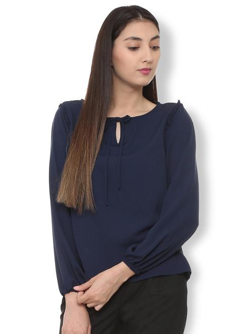 frill trim tie up neck top - 15738079 - Standard Image - 1