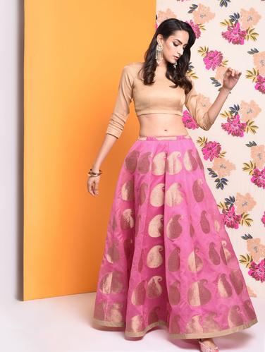 Self-design chanderi flared skirt with drawstring - 15740978 - Very Small Image - 1
