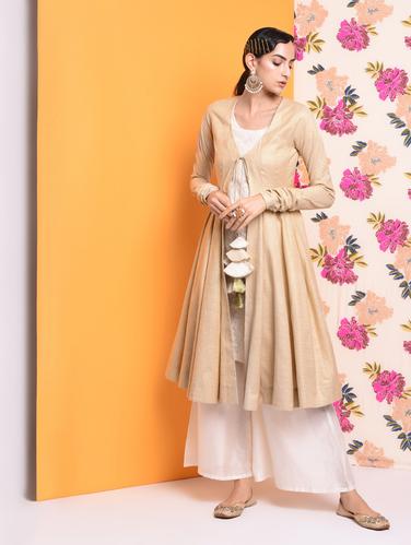 Solid chanderi silk jacket with front drawstring - 15741001 - Very Small Image - 1
