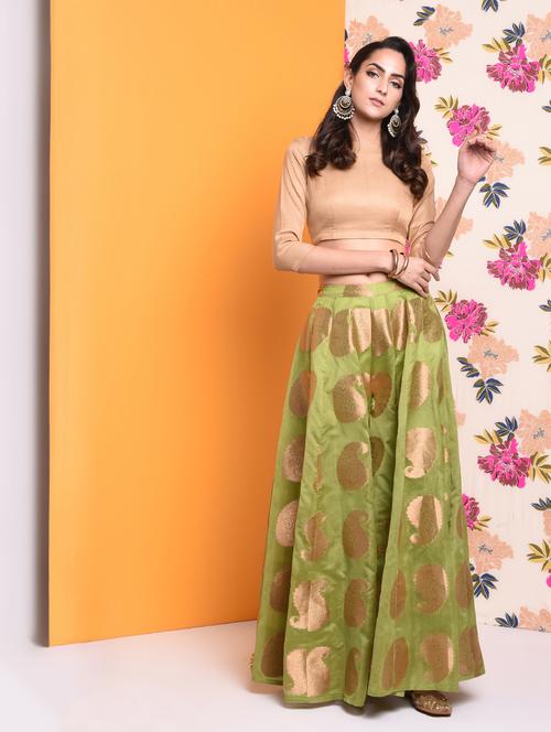 Chanderi crop top with self-design flared palazzo set - 15741204 - Standard Image - 1