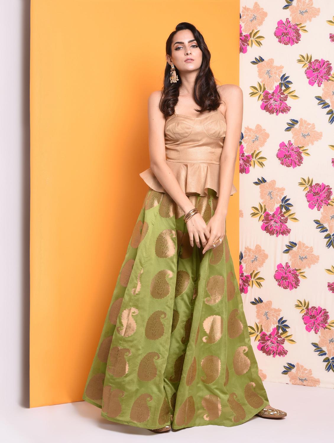 Chanderi peplum top with self-design flared palazzo set - 15741205 - Zoom Image - 1