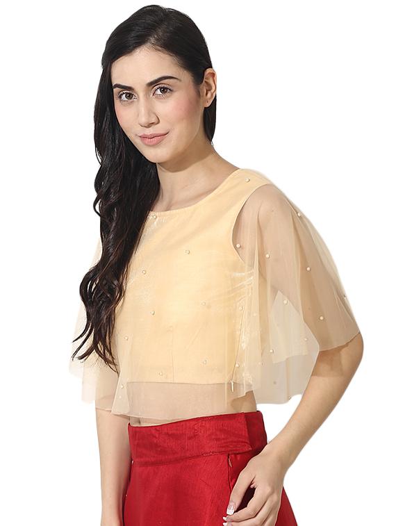 mesh cape faux pearl crop top - 15744293 - Zoom Image - 2