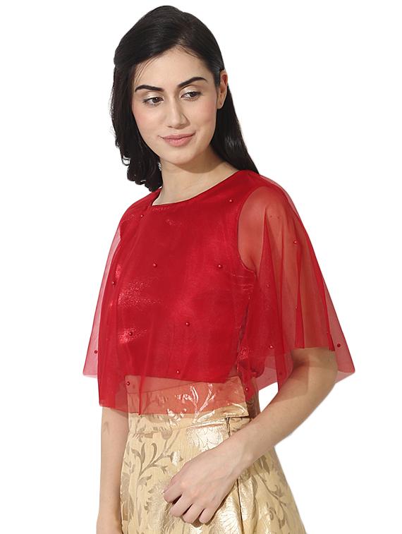 mesh cape faux pearl crop top - 15744295 - Zoom Image - 2