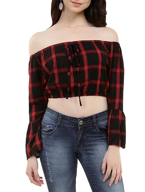 off shoulder checkered crop top - 15744483 - Standard Image - 1