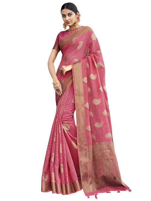 gold border jute linen banarasi saree with blouse - 15746921 - Standard Image - 1