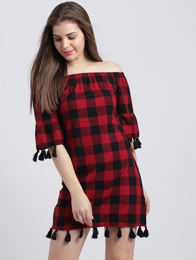 off shoulder checkered shift dress - 15747094 - Zoom Image - 1