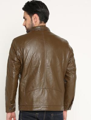 brown solid biker jacket - 15747183 - Standard Image - 3