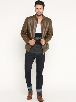 brown solid biker jacket - 15747183 - Standard Image - 4