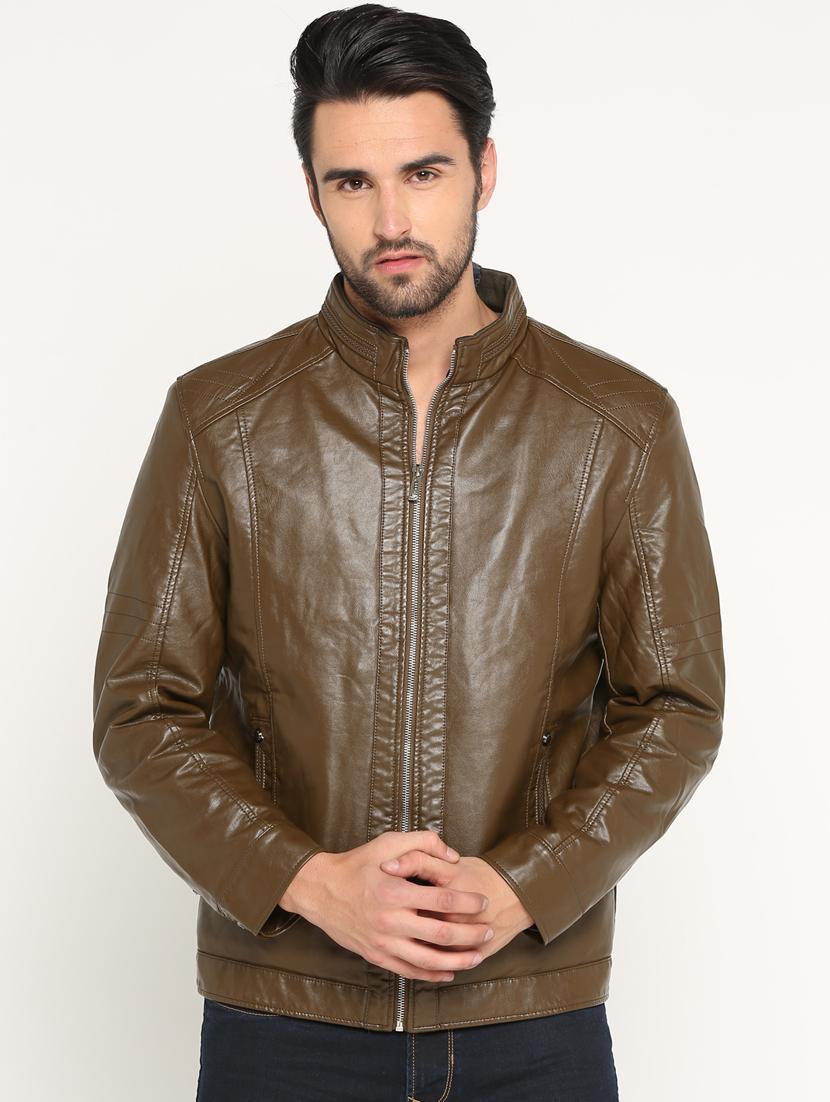 brown solid biker jacket - 15747183 - Zoom Image - 1