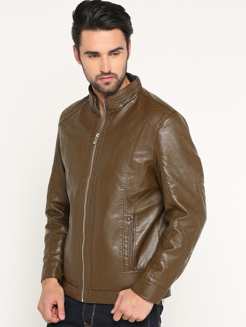 brown solid biker jacket - 15747183 - Zoom Image - 2