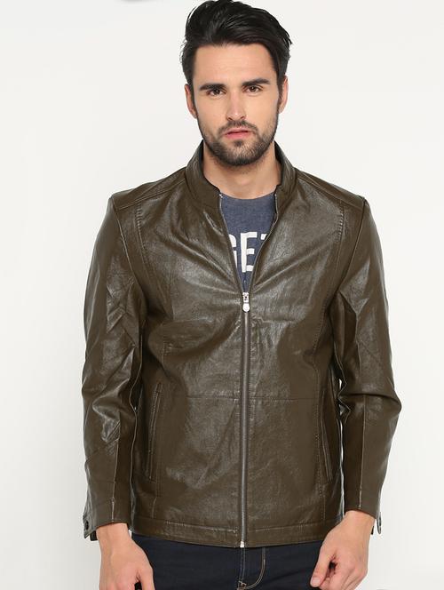 brown solid biker jacket - 15747190 - Standard Image - 1