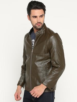 brown solid biker jacket - 15747190 - Standard Image - 2