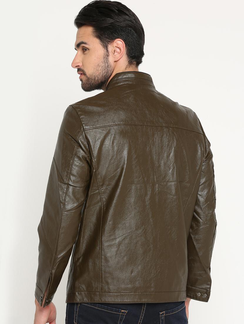brown solid biker jacket - 15747190 - Zoom Image - 3