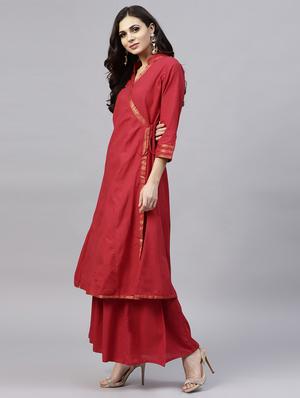 solid angrakha kurta with palazzo set - 15747597 - Standard Image - 2