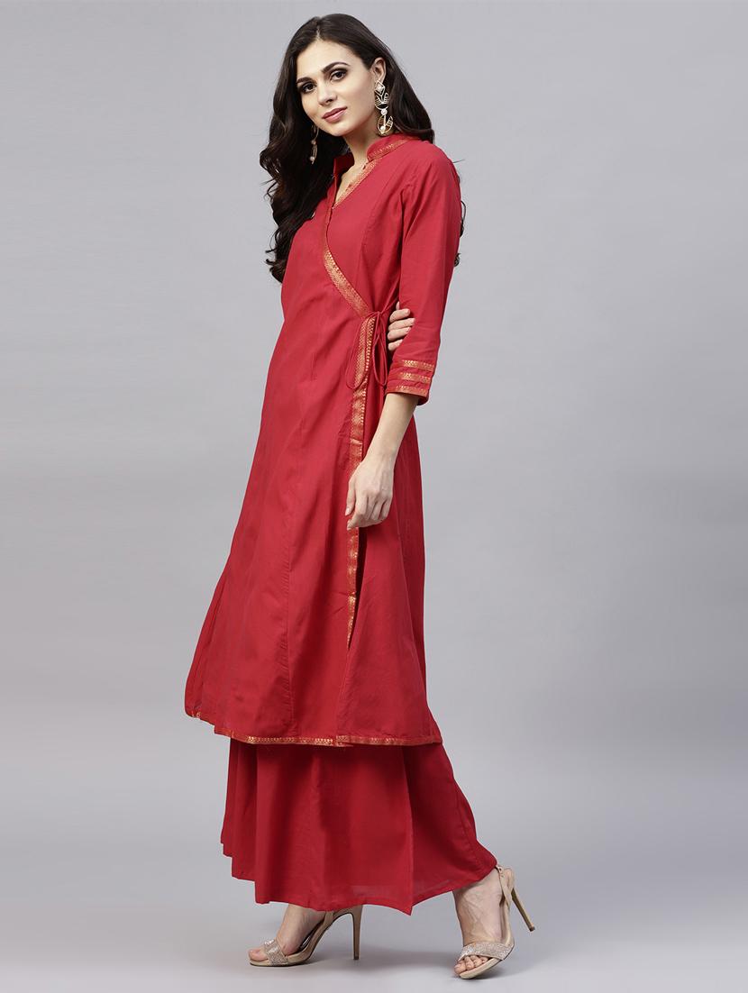 solid angrakha kurta with palazzo set - 15747597 - Zoom Image - 2