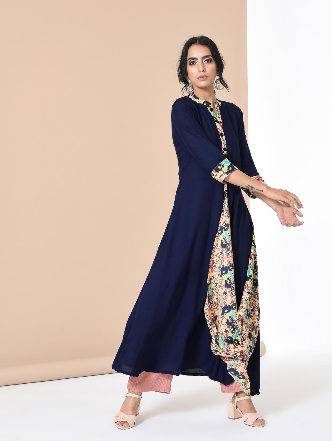 printed contrast cowl kurta - 15750628 - Zoom Image - 1