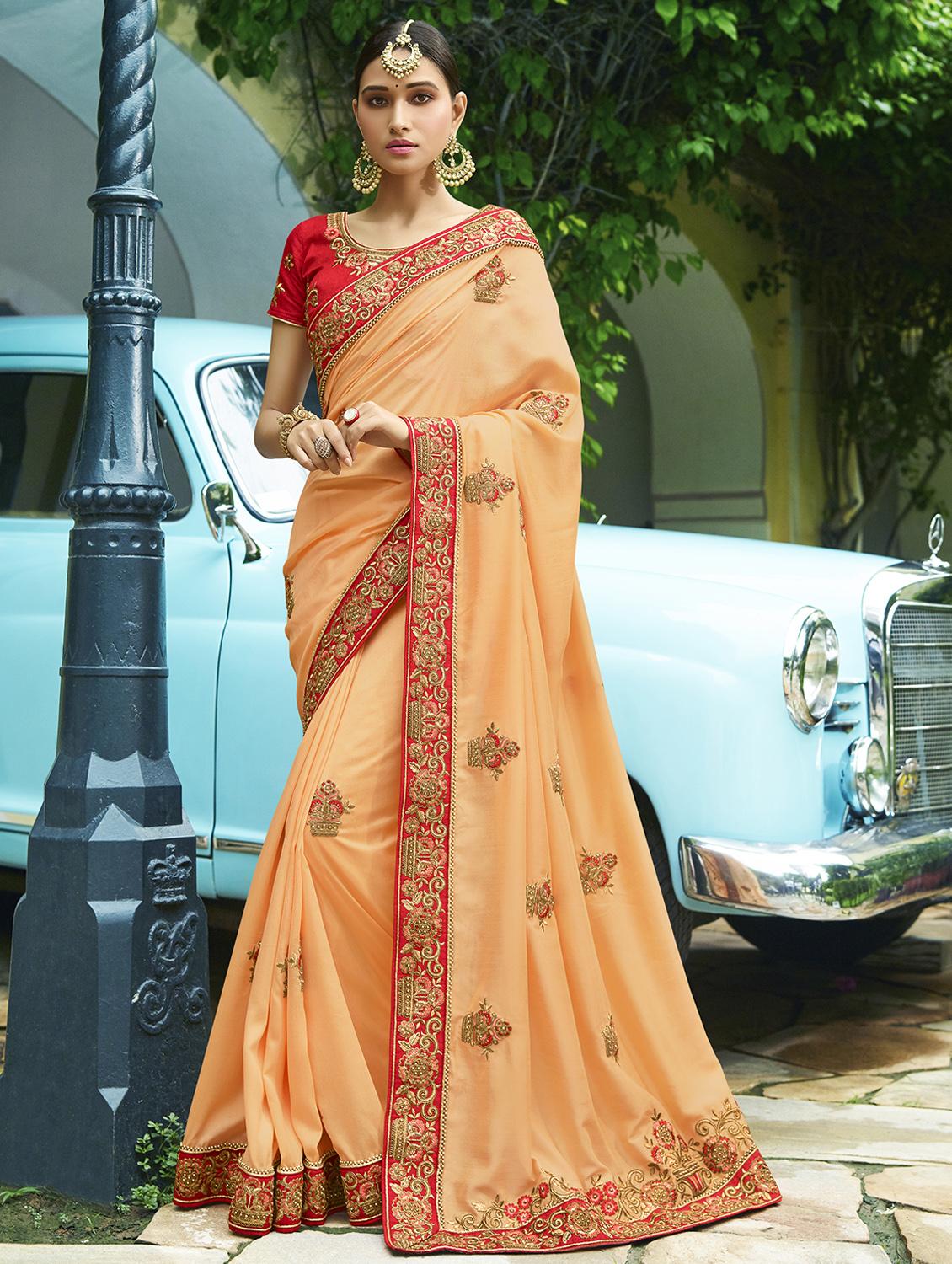 contrast bordered embroidered motif saree with blouse - 15754432 - Zoom Image - 1