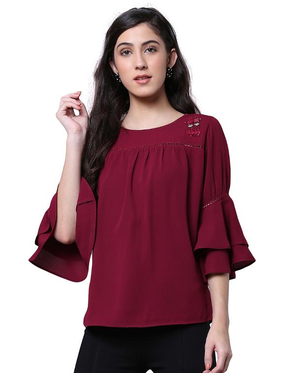 bell sleeved embellished lace insert top - 15756912 - Zoom Image - 1