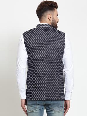 navy blue cotton nehru jacket - 15757381 - Standard Image - 3