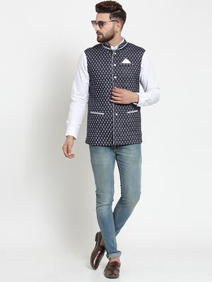 navy blue cotton nehru jacket - 15757381 - Standard Image - 4