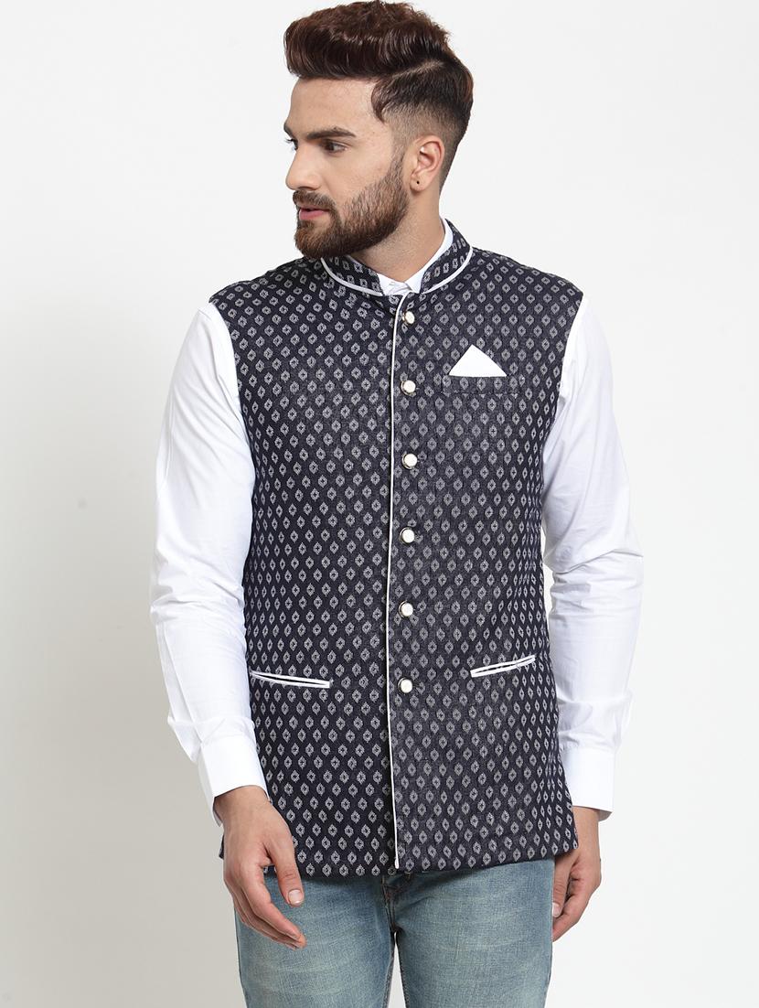 navy blue cotton nehru jacket - 15757381 - Zoom Image - 1