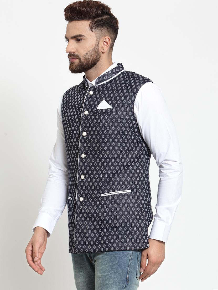 navy blue cotton nehru jacket - 15757381 - Zoom Image - 2