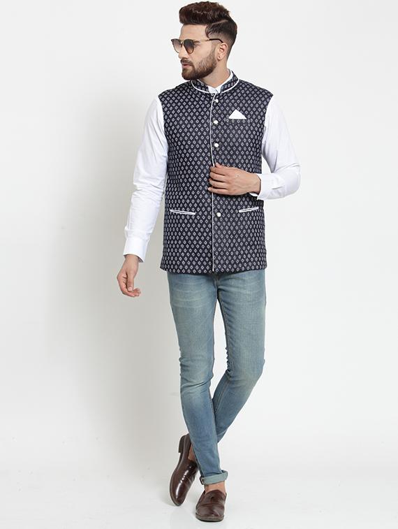 navy blue cotton nehru jacket - 15757381 - Zoom Image - 4