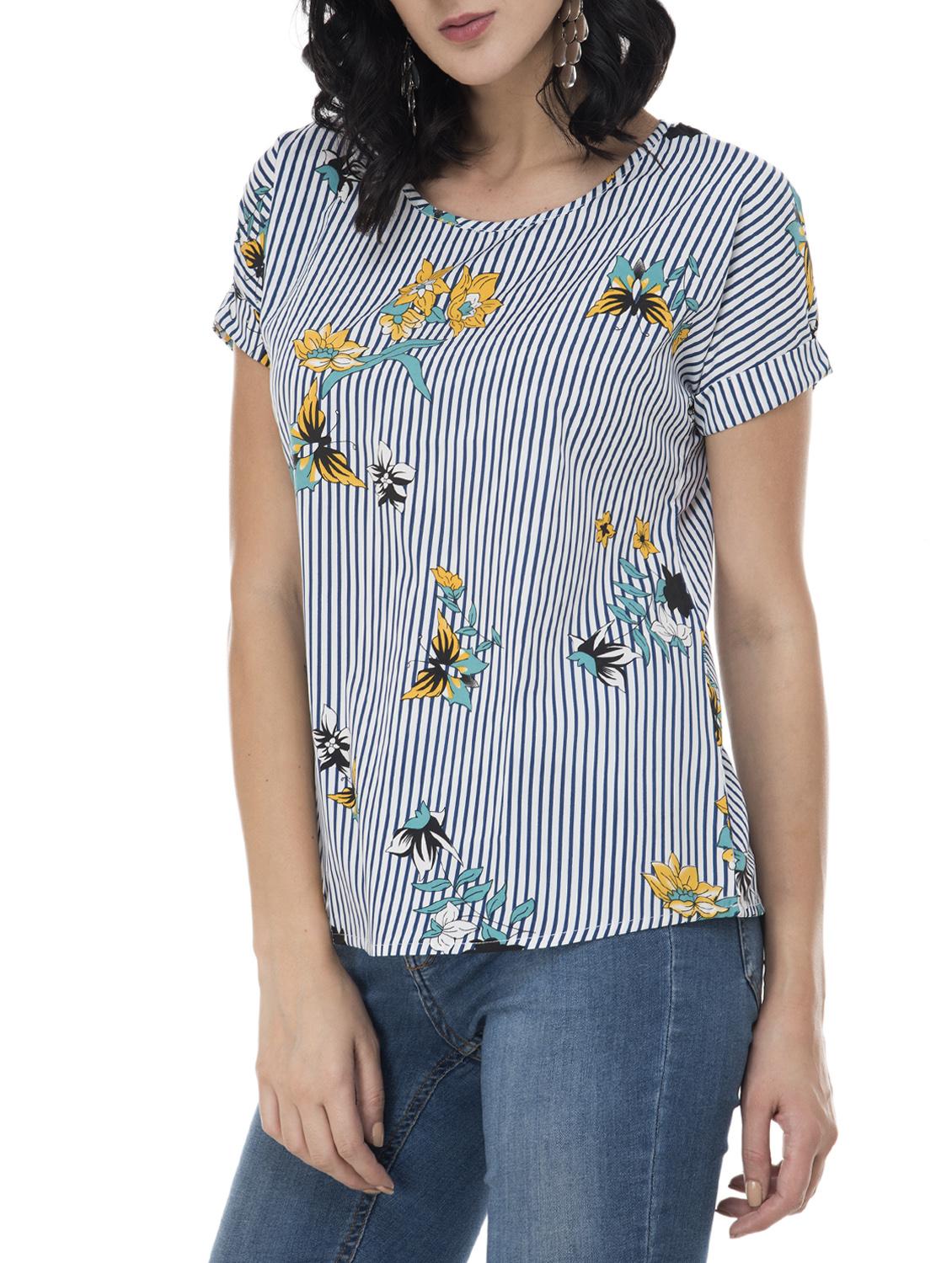 turn-up sleeved floral striped top - 15757409 - Zoom Image - 2