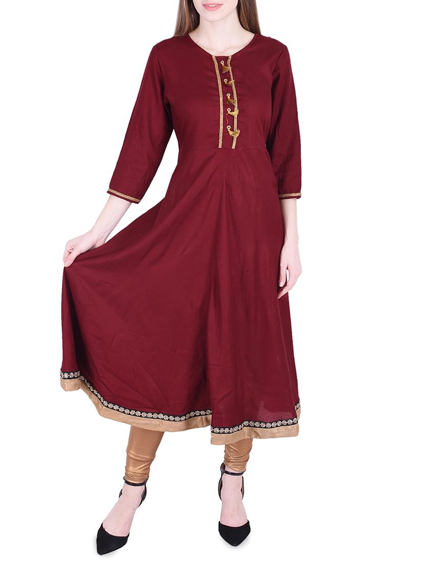 burgundy solid kurta with tassels - 15758785 - Zoom Image - 1