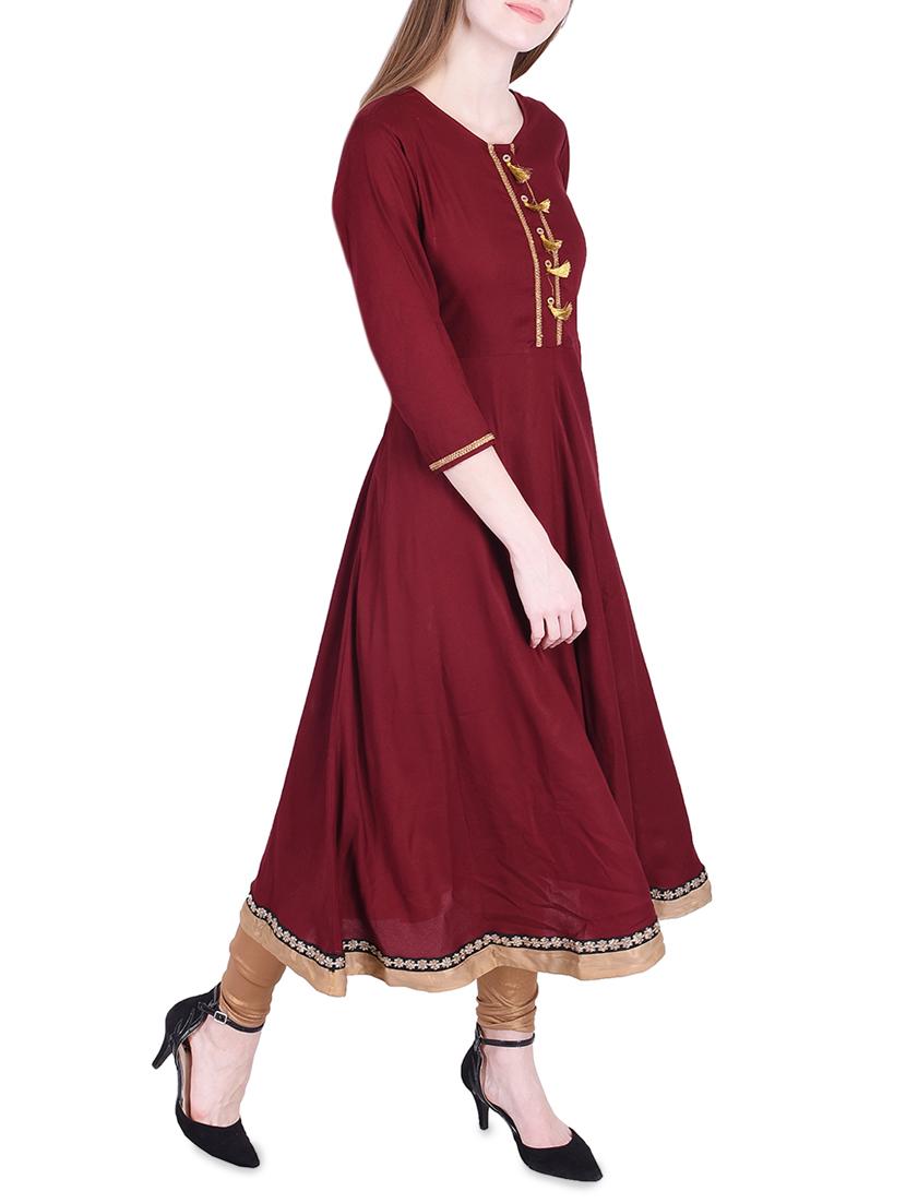 burgundy solid kurta with tassels - 15758785 - Zoom Image - 2