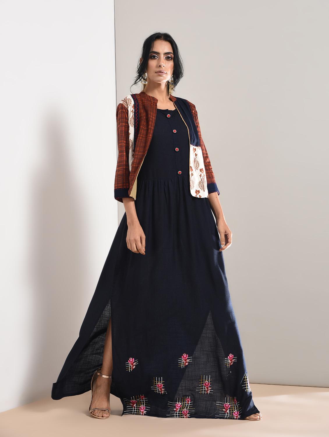 embroidered slit kurta with jacket