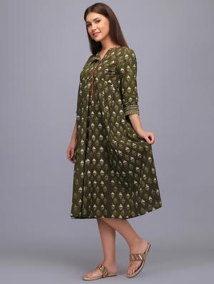 button detail block print flared dress - 15760342 - Standard Image - 2