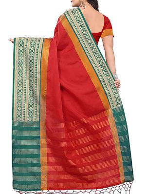 contrast border zari stripe saree with blouse - 15760861 - Standard Image - 2