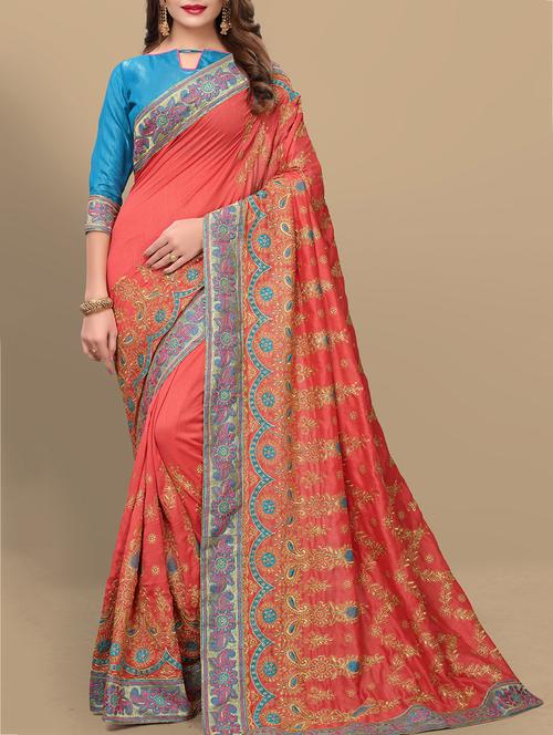 floral embroidered coral red saree with blouse - 15761954 - Very Small Image - 1
