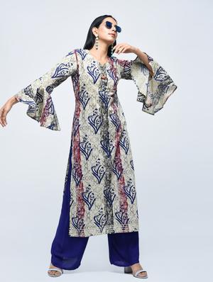 printed bell sleeves straight kurta - 15765067 - Standard Image - 3