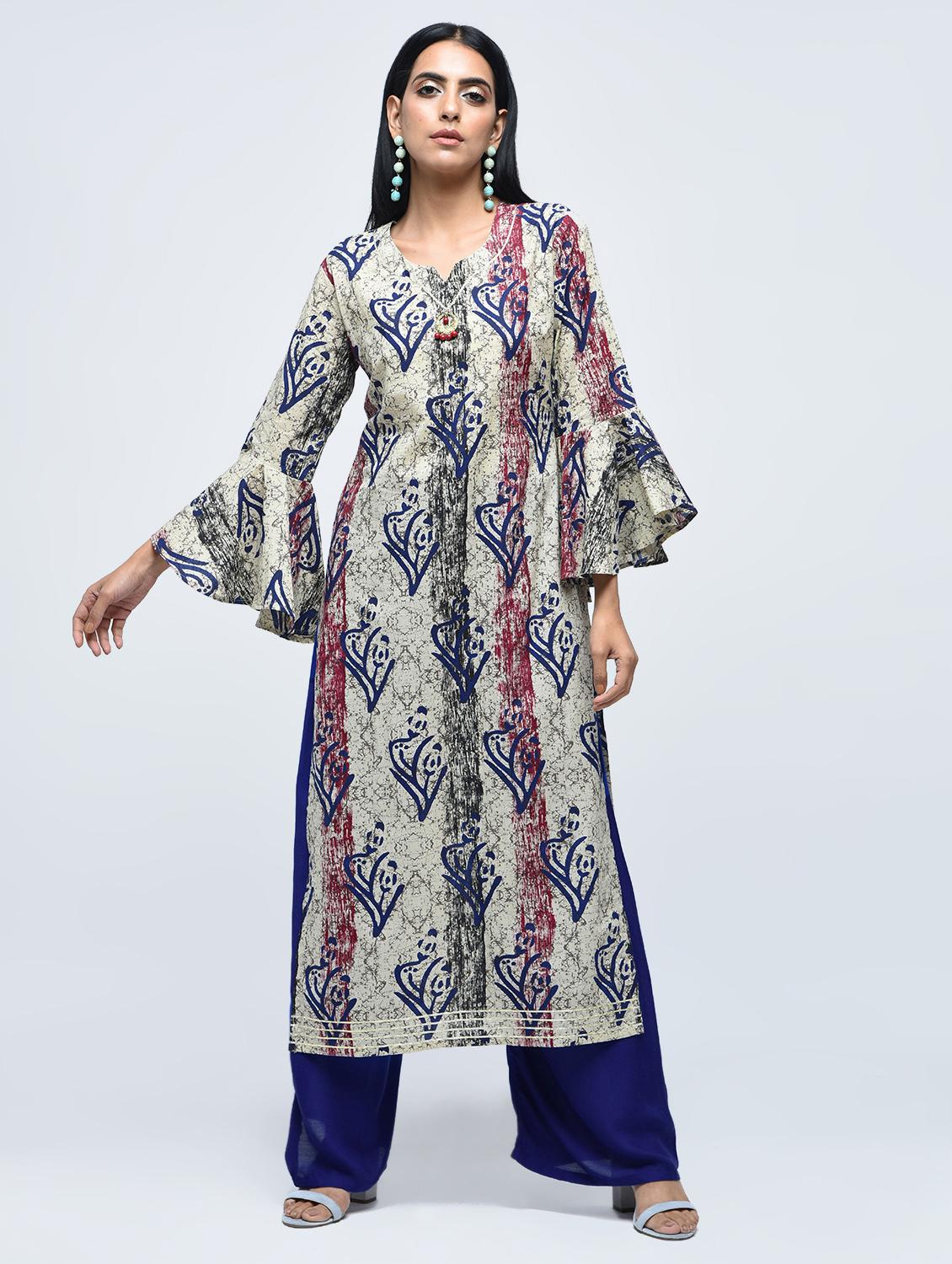 printed bell sleeves straight kurta - 15765067 - Zoom Image - 1