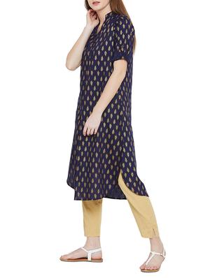 foil print navy blue straight kurta - 15772196 - Standard Image - 2