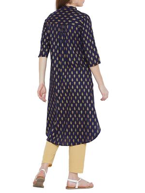 foil print navy blue straight kurta - 15772196 - Standard Image - 3