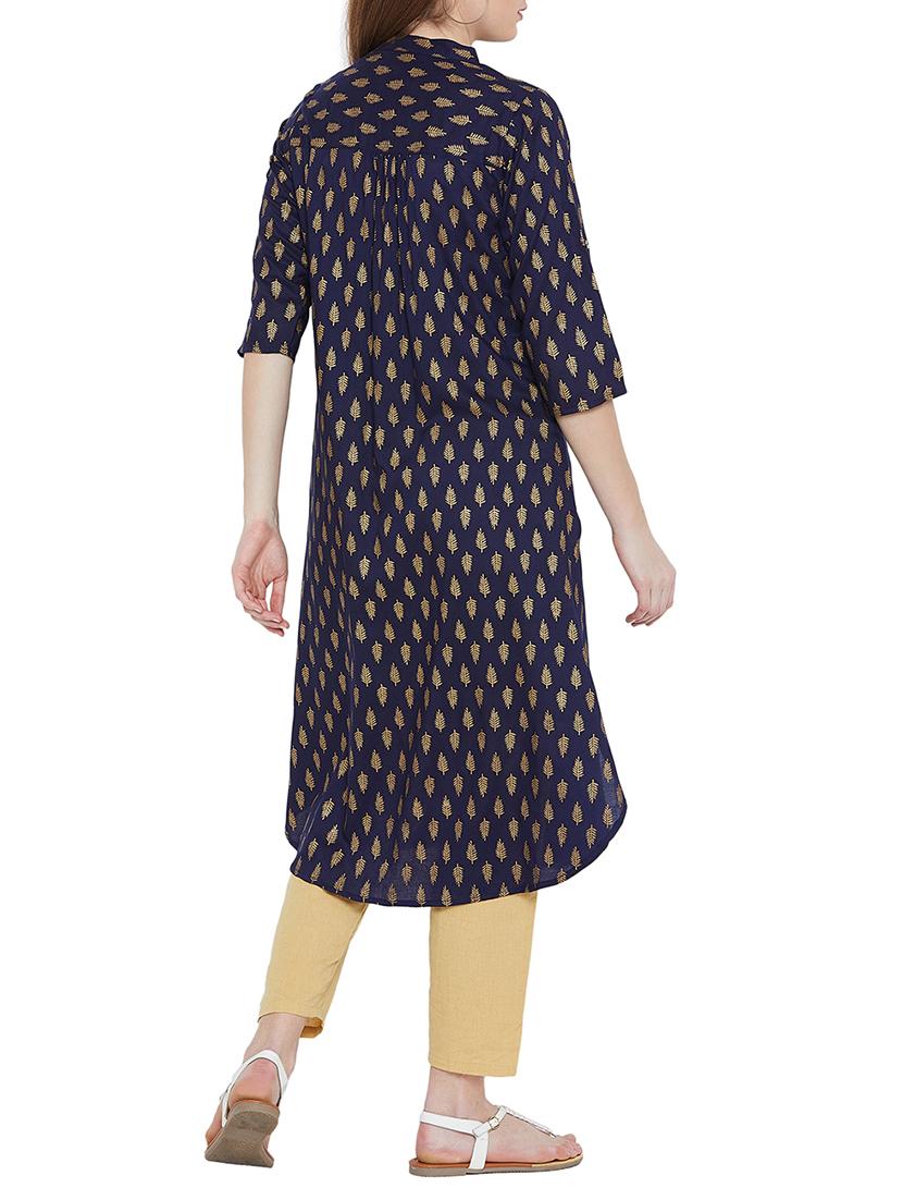 foil print navy blue straight kurta - 15772196 - Zoom Image - 3