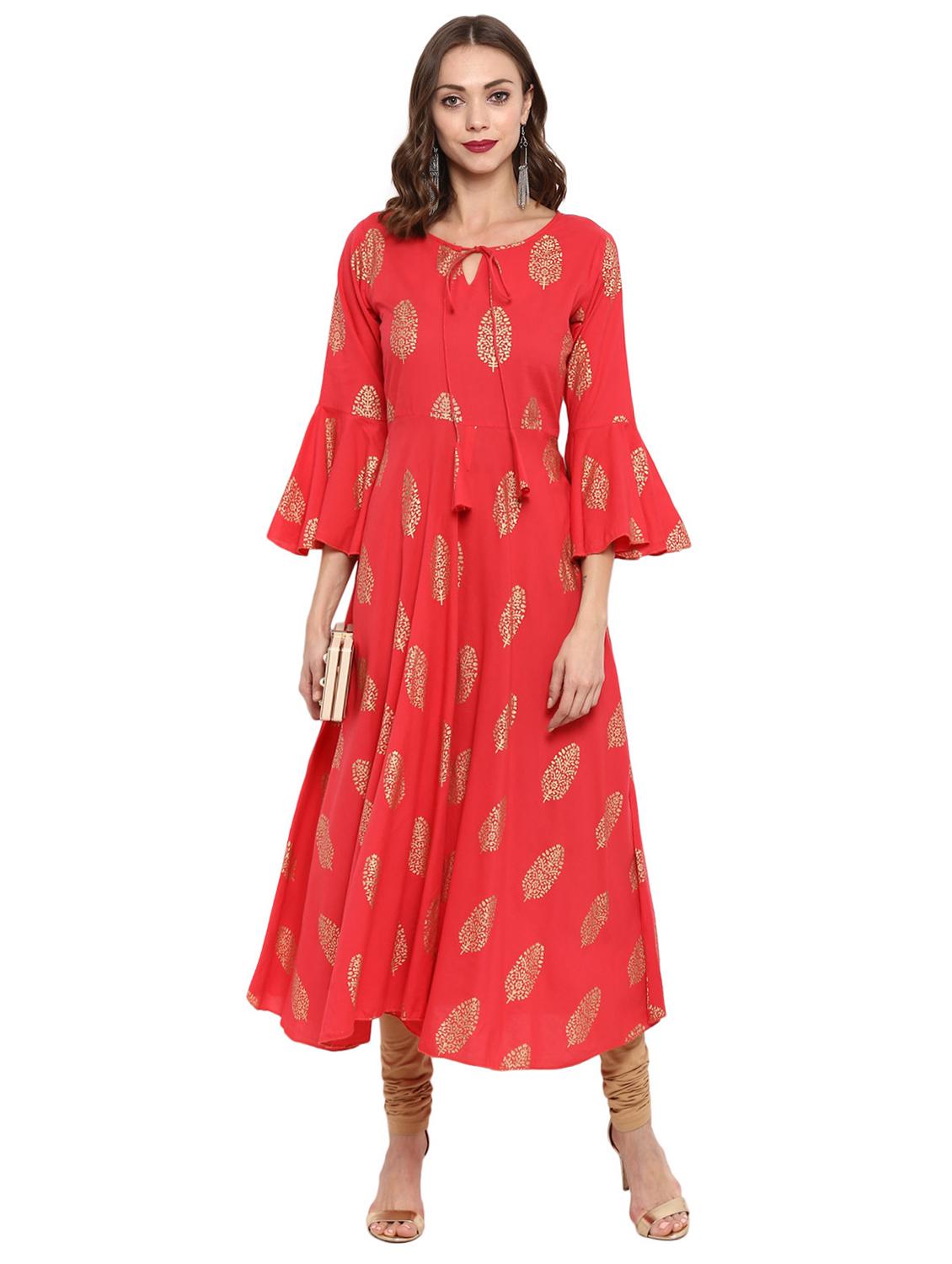 Foil print bell sleeves a-line kurta - 15772327 - Zoom Image - 1