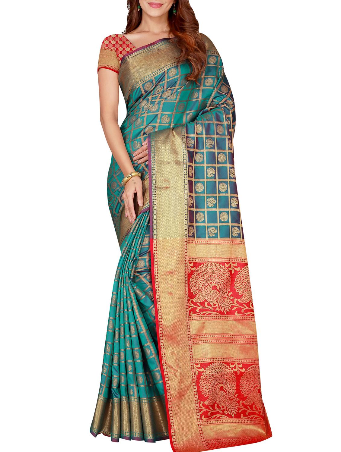 green silk woven saree with blouse - 15773554 - Zoom Image - 1