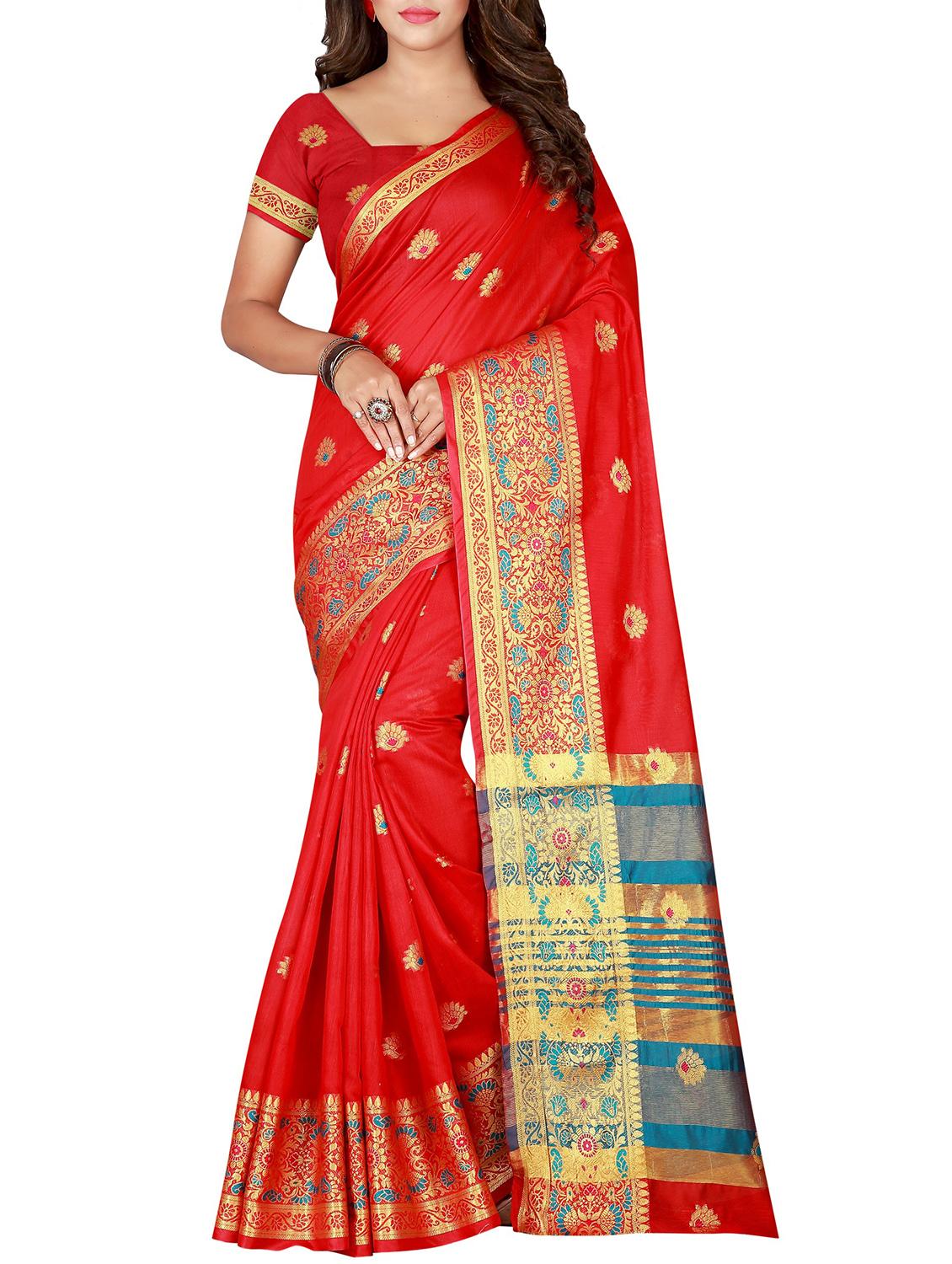 red cotton woven saree with blouse - 15773562 - Zoom Image - 1