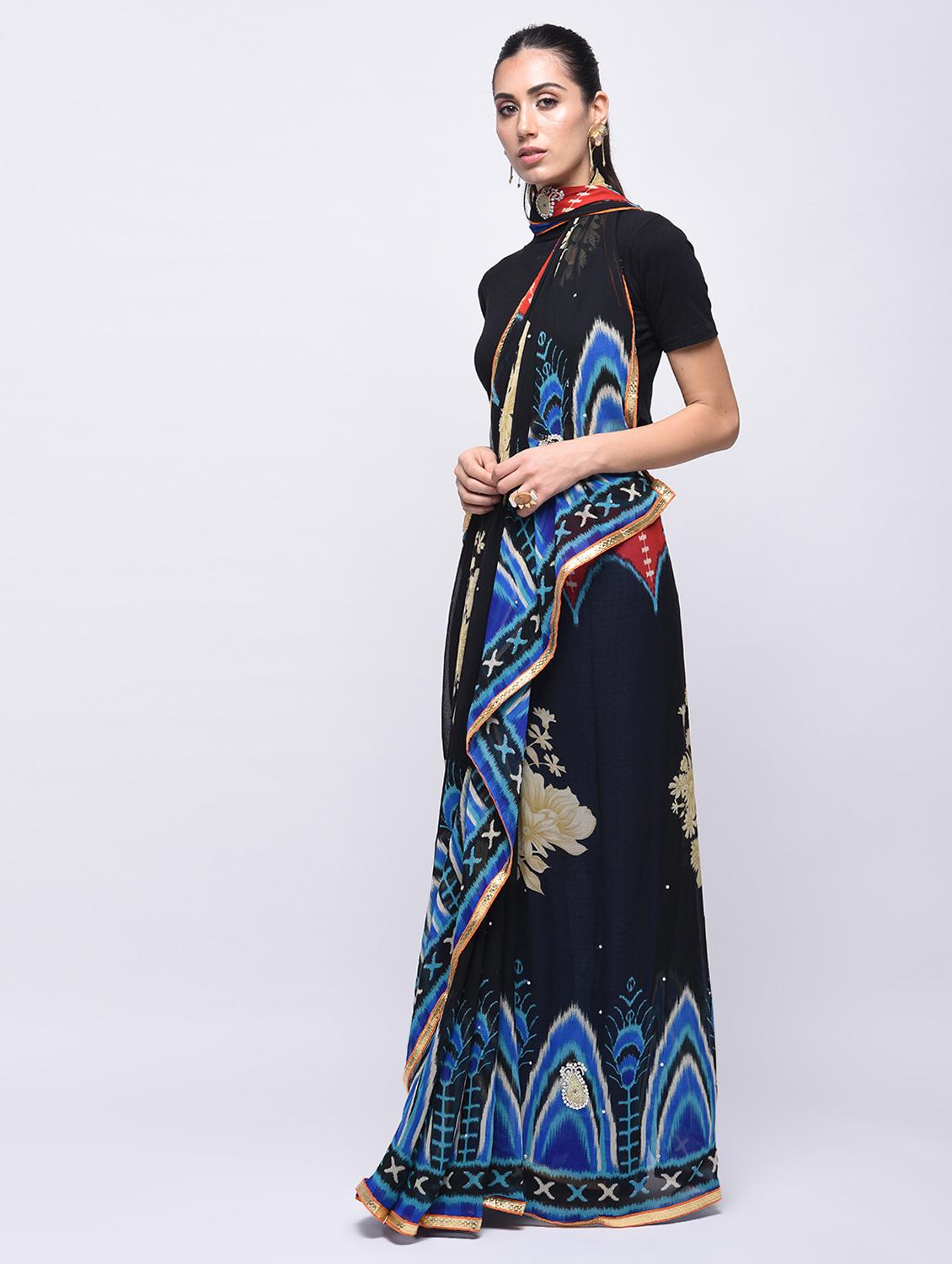 printed embellished saree with blouse - 15775382 - Zoom Image - 1