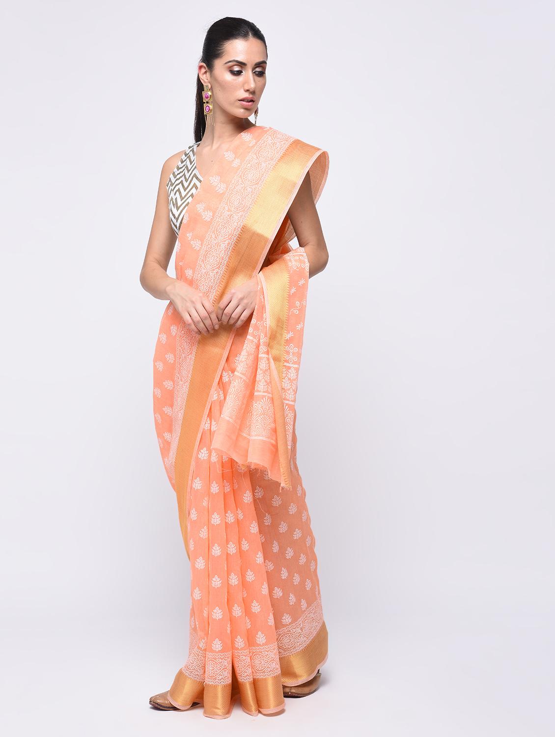 self design border printed saree with blouse - 15775450 - Zoom Image - 1